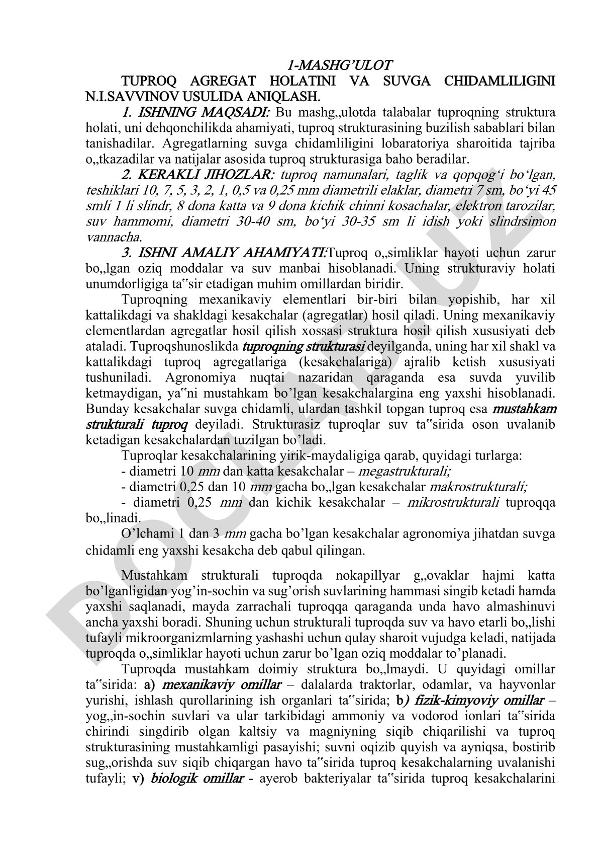 Tuproq agregat holati va suvga chidamliligini aniqlash