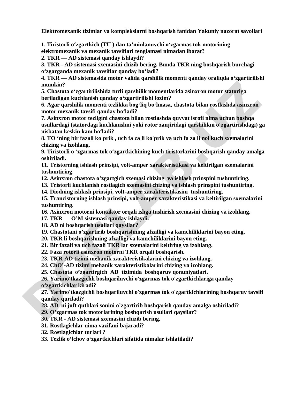 Elektromexanik tizimlar va komplekslarni boshqarish fanidan Yakuniy nazorat savollari