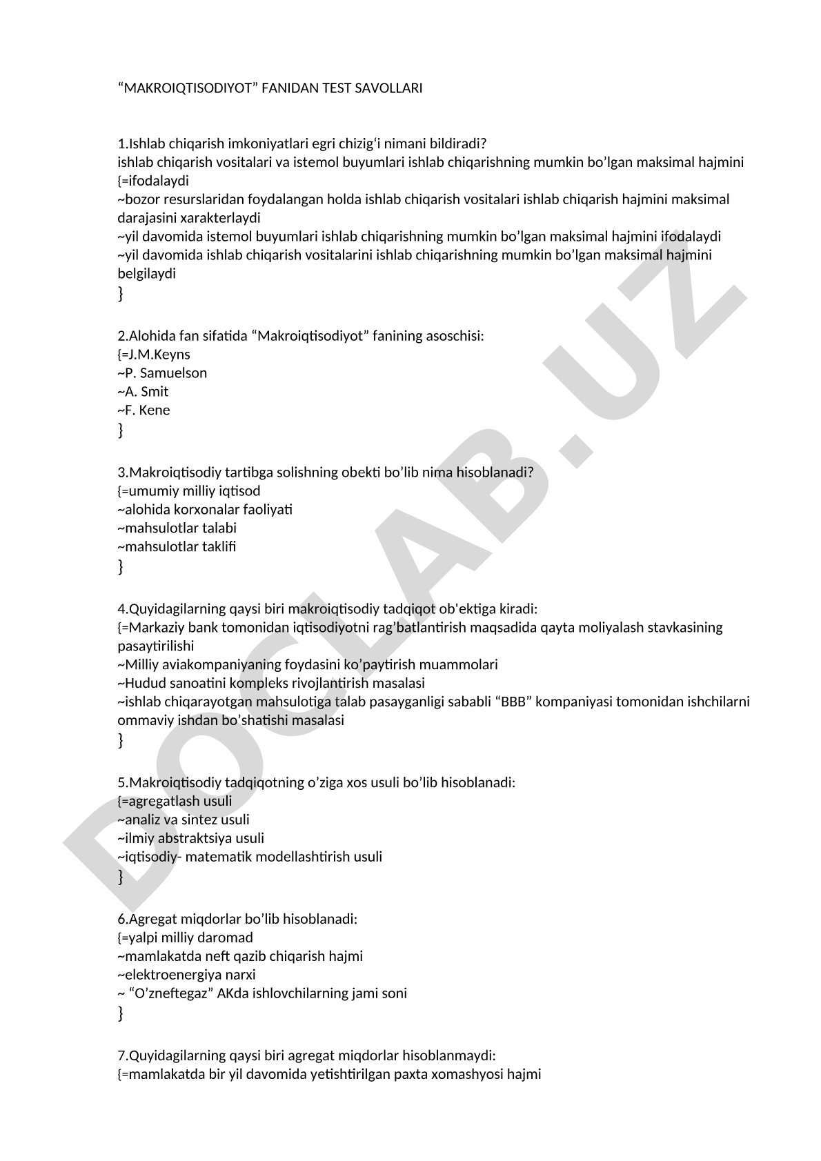 MAKROIQTISODIOT FANIDAN TEST SAVOLLARI
