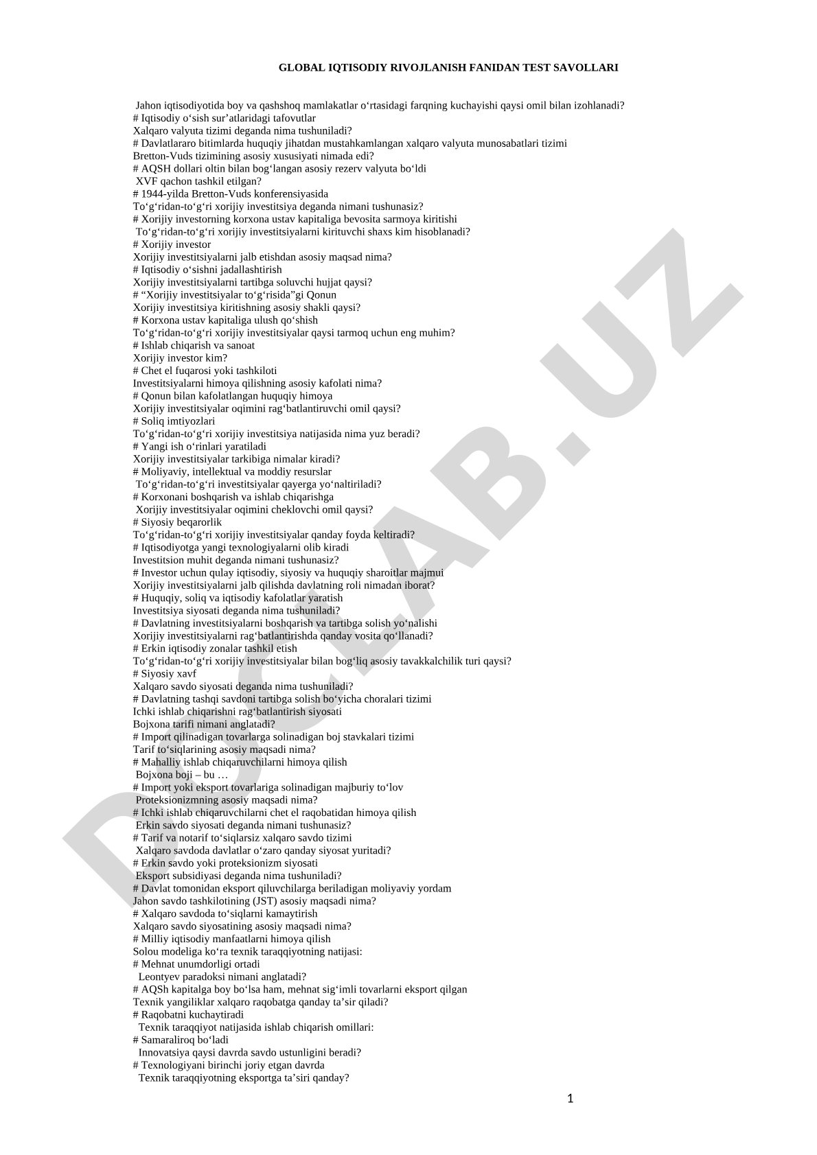 Global iqtisodiy rivojlanish fanidan test savollari