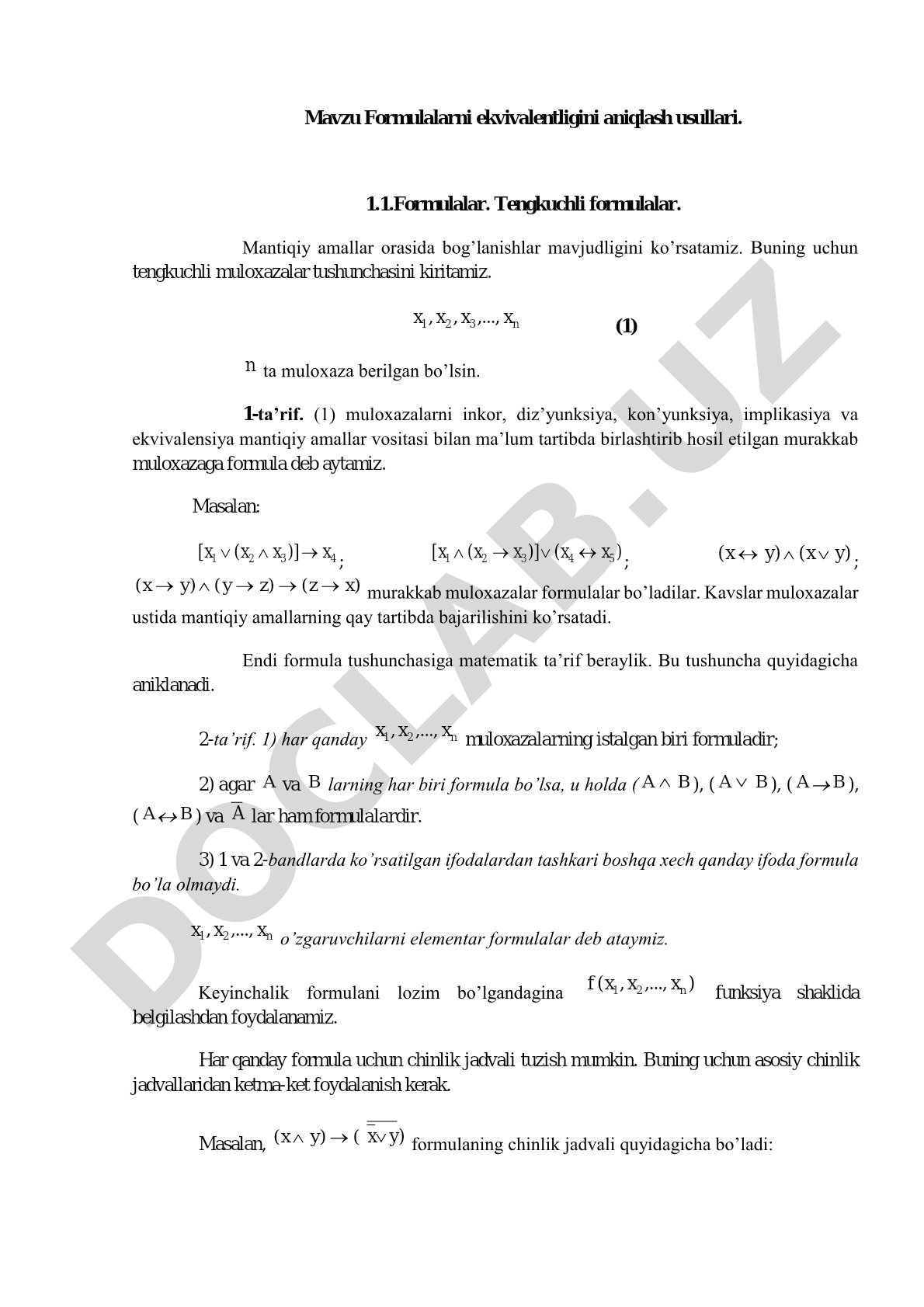 Formulalarni ekvivalentligini aniqlash usullari