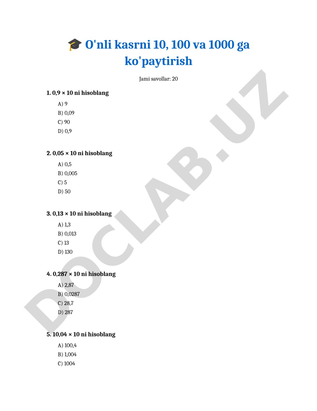 O'nli kasrni 10, 100 va 1000 ga ko'paytirish