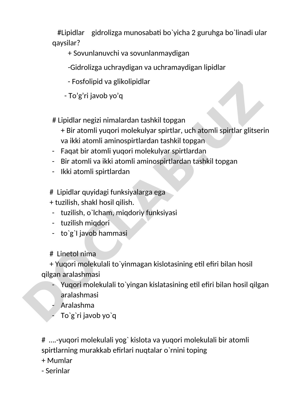 Lipidlar: gidrolizi, tuzilishi va funksiyalari