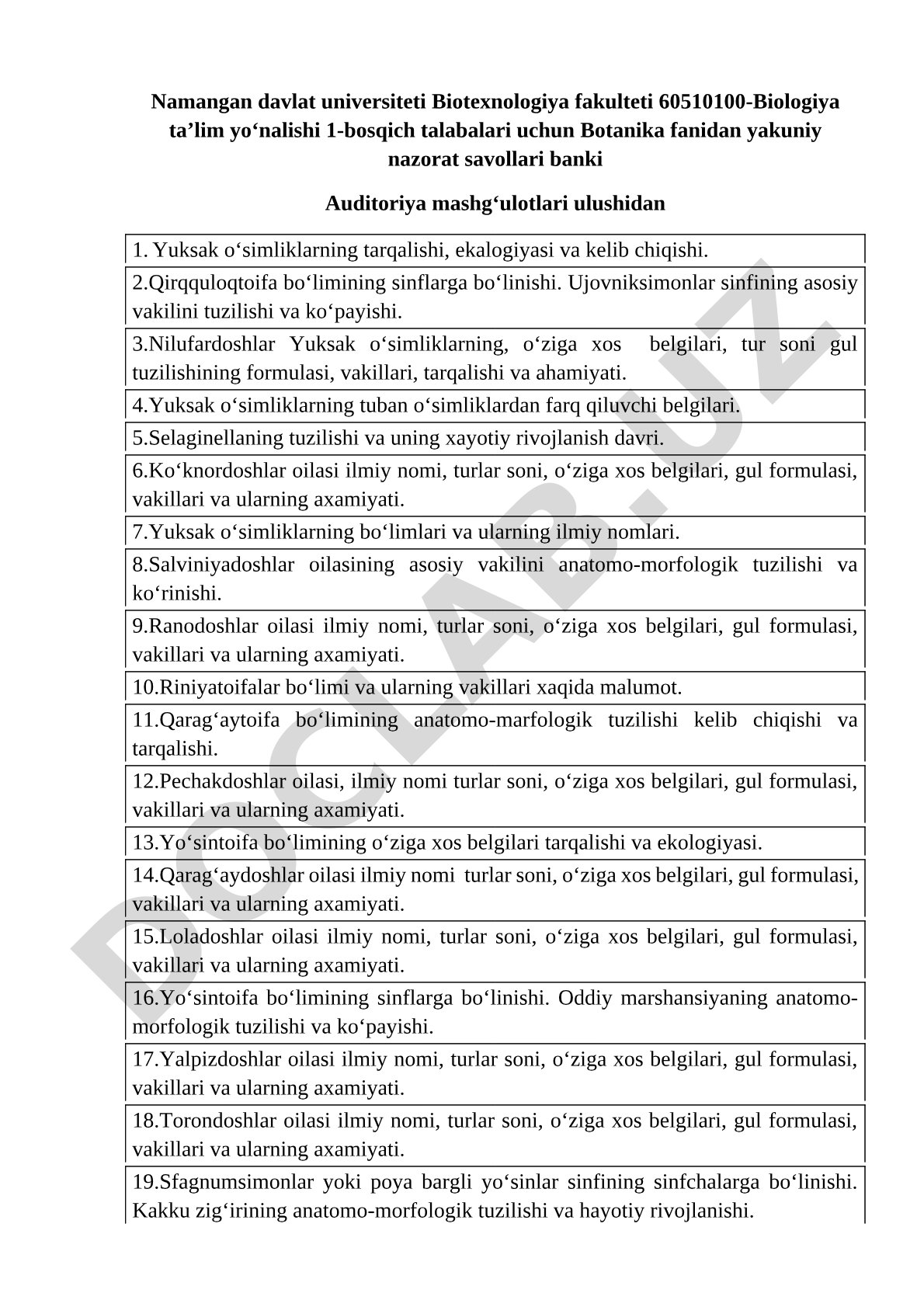 Botanika fanidan yakuniy nazorat savollari