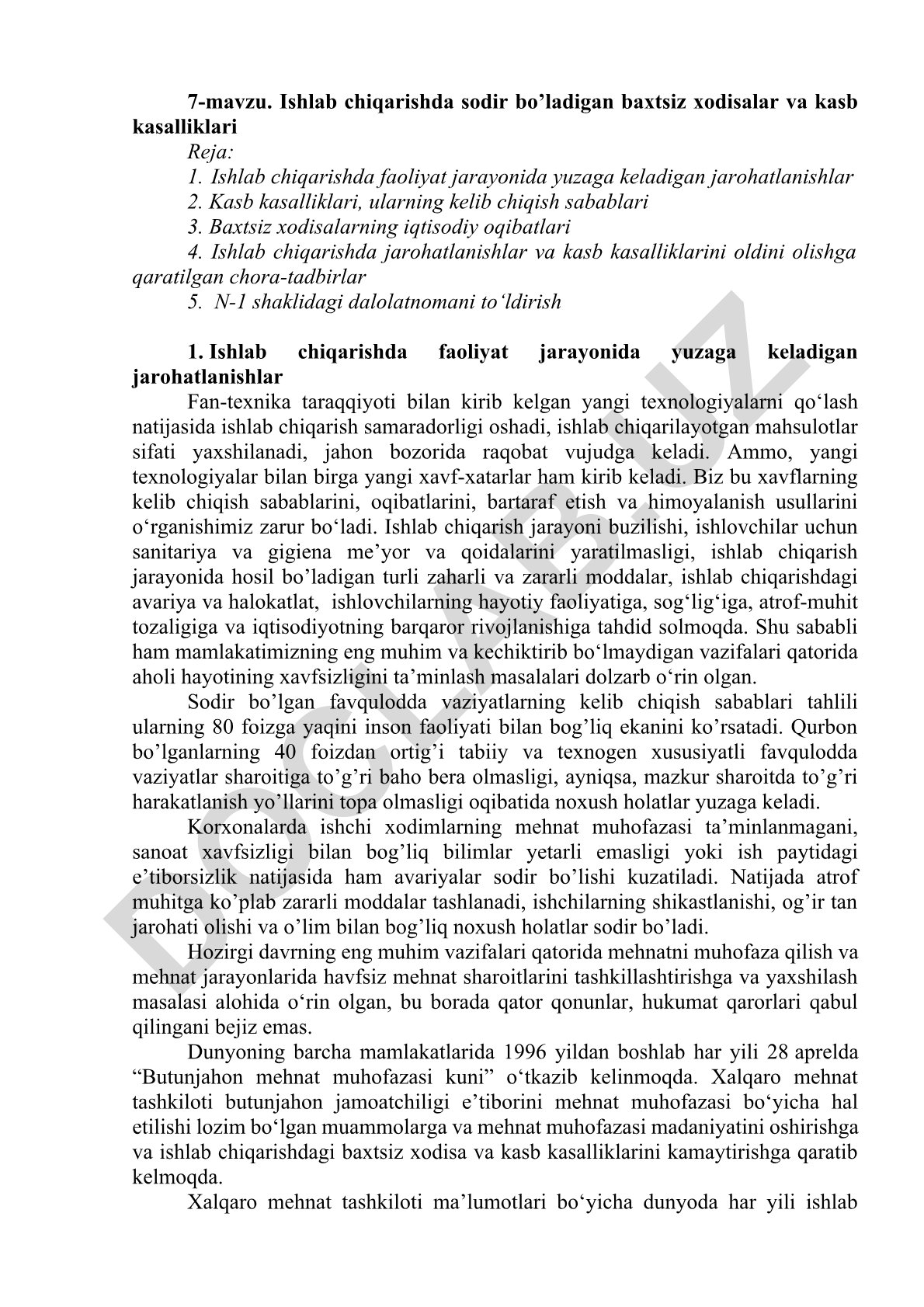 Ishlab chiqarishda sodir bo'ladigan baxtsiz xodisalar va kasb kasalliklari