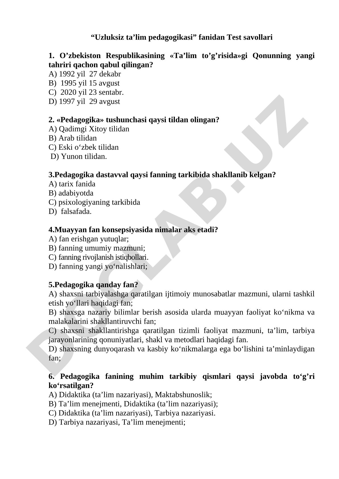Uzluksiz ta’lim pedagogikasi fanidan test savollari