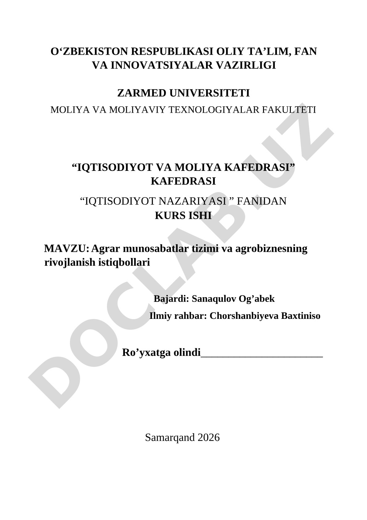 Agrar munosabatlar tizimi va agrobiznesning rivojlanish istiqbollari