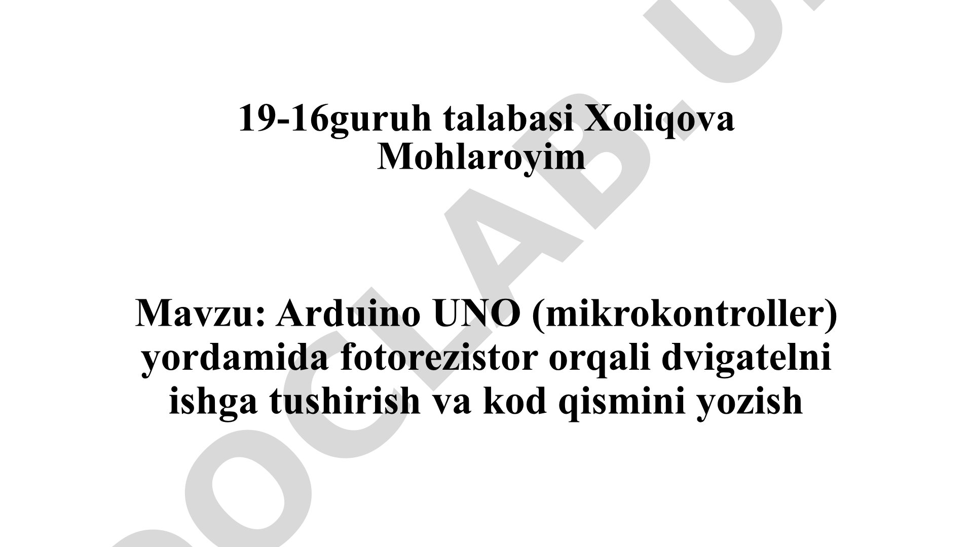 Arduino UNO (mikrokontroller) yordamida fotorezistor orqali dvigatelni ishga tushirish va kod qismini yozish