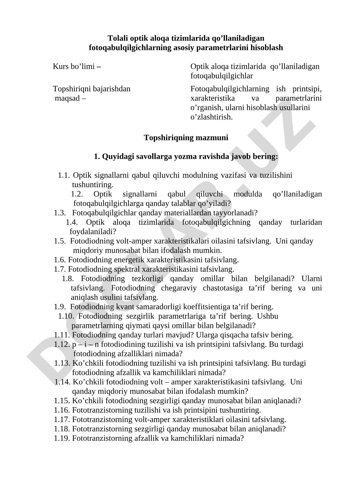 Tolali optik aloqa tizimlarida qo'llaniladigan fotoqabulqilgichlarning asosiy parametrlarini hisoblash
