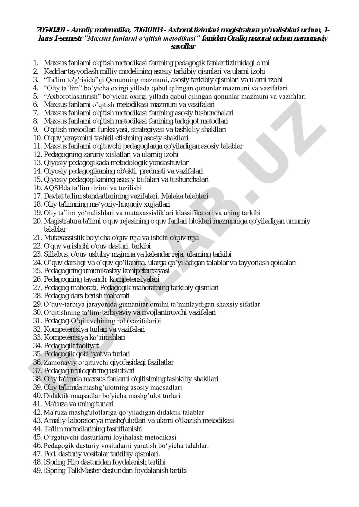 Maxsus fanlarni o'qitish metodikasi fanidan oraliq nazorat uchun namunaviy savollar