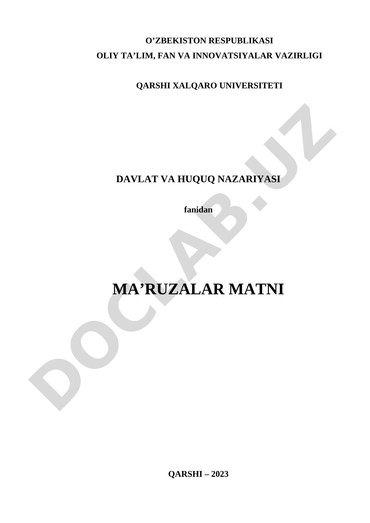 Davlat va huquq nazariyasi fanidan ma'ruzalar matni
