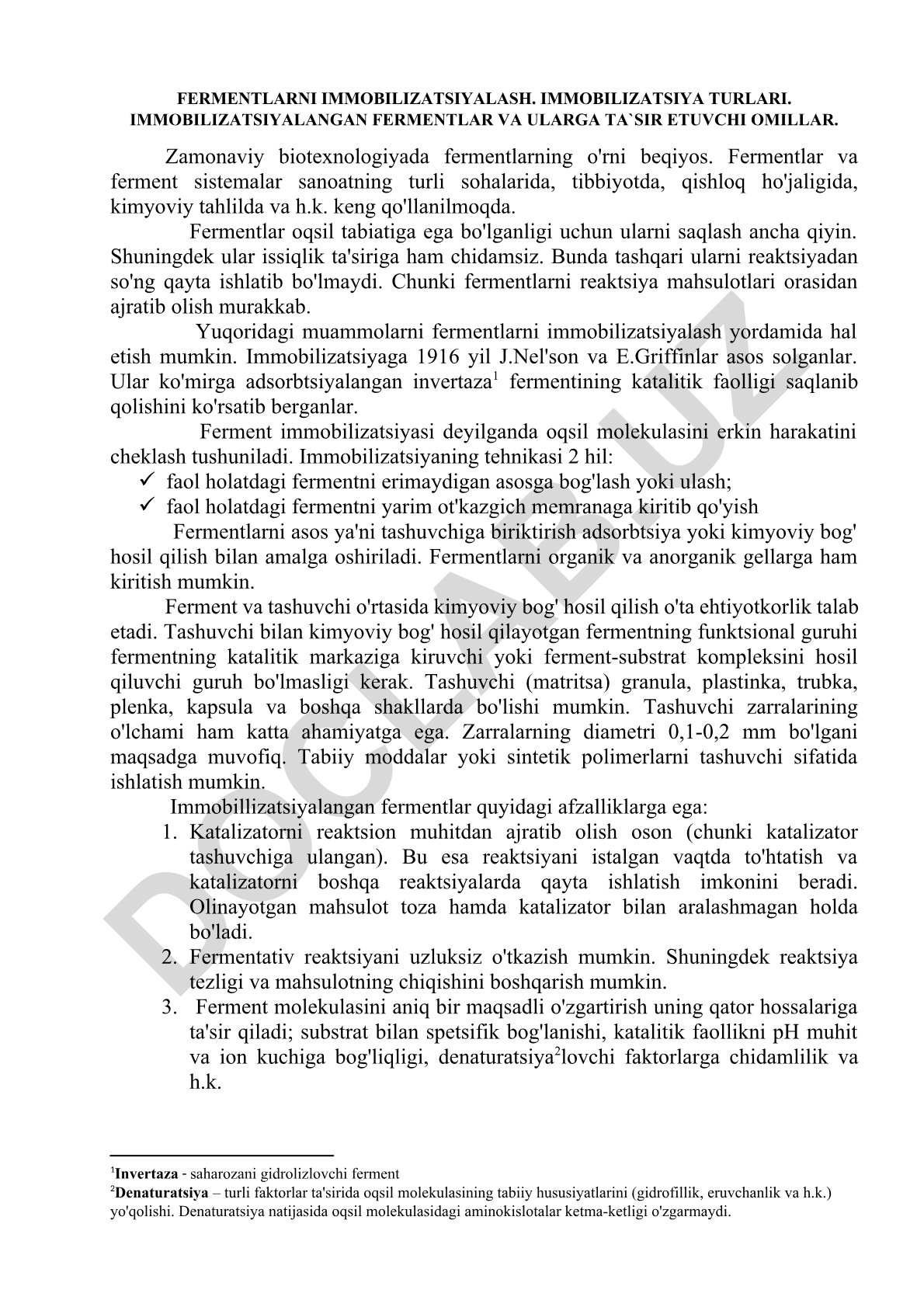 Fermentlarni immobilizatsiyalash va immobilizatsiya turlari