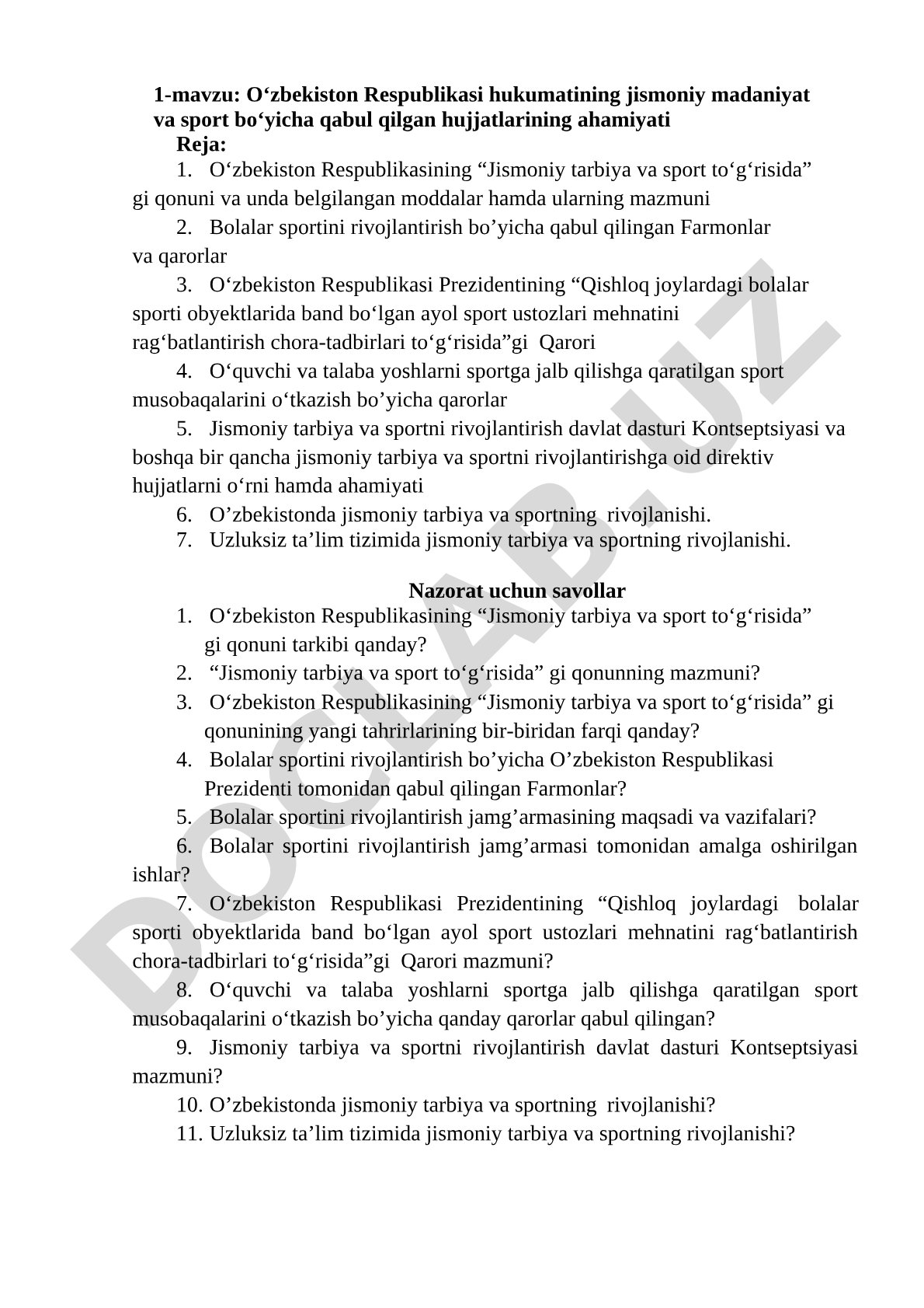 O‘zbekiston Respublikasi hukumatining jismoniy madaniyat va sport bo‘yicha qabul qilgan hujjatlarining ahamiyati