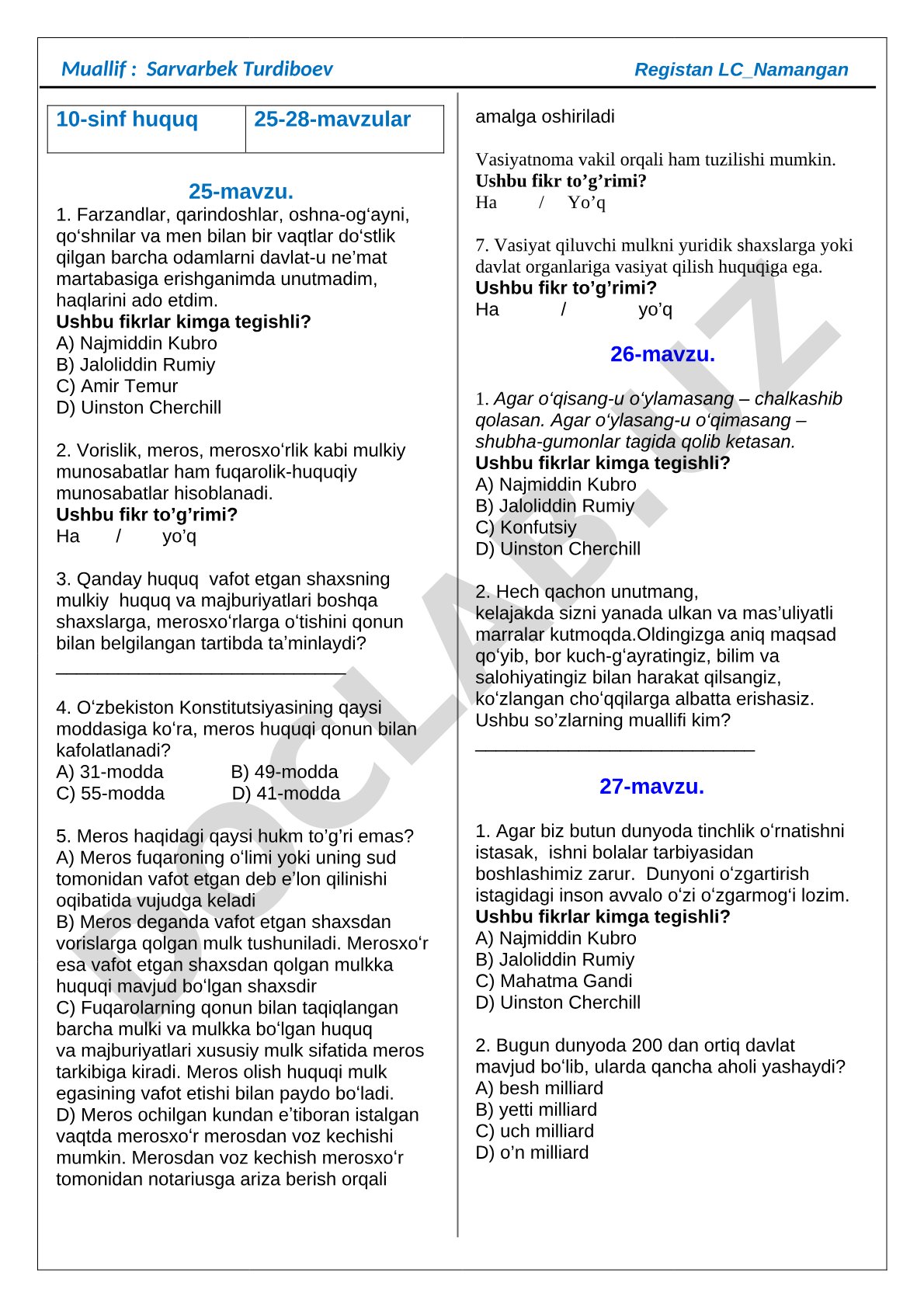 Meros huquqi bo'yicha test savollari