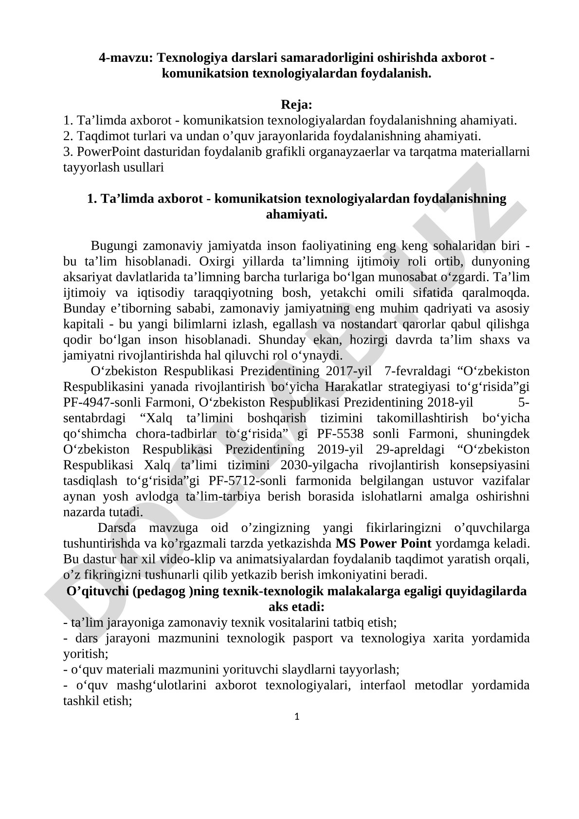 Texnologiya darslari samaradorligini oshirishda axborot - komunikatsion texnologiyalardan foydalanish