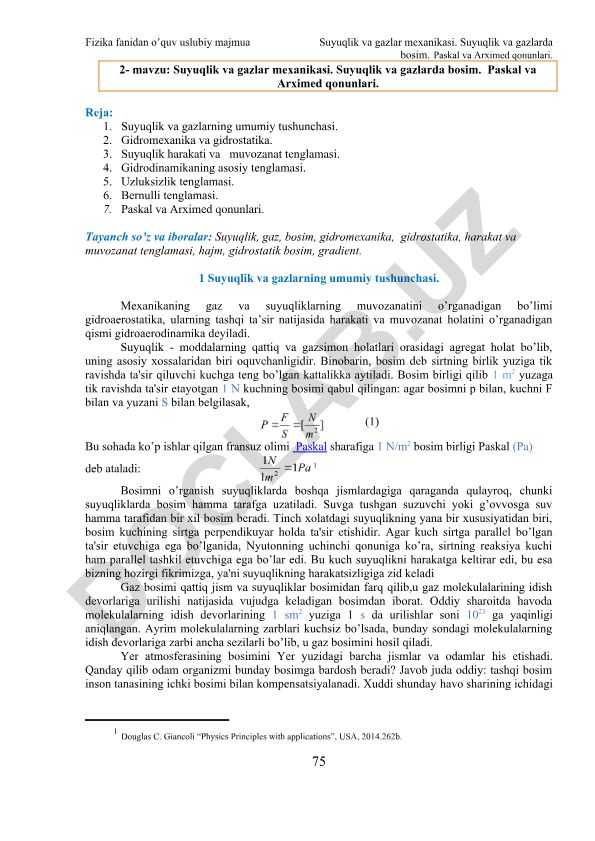 Suyuqlik va gazlar mexanikasi: bosim, Paskal va Arximed qonunlari