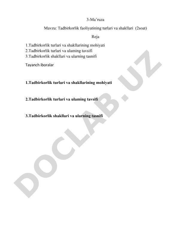Tadbirkorlik faoliyatining turlari va shakllari