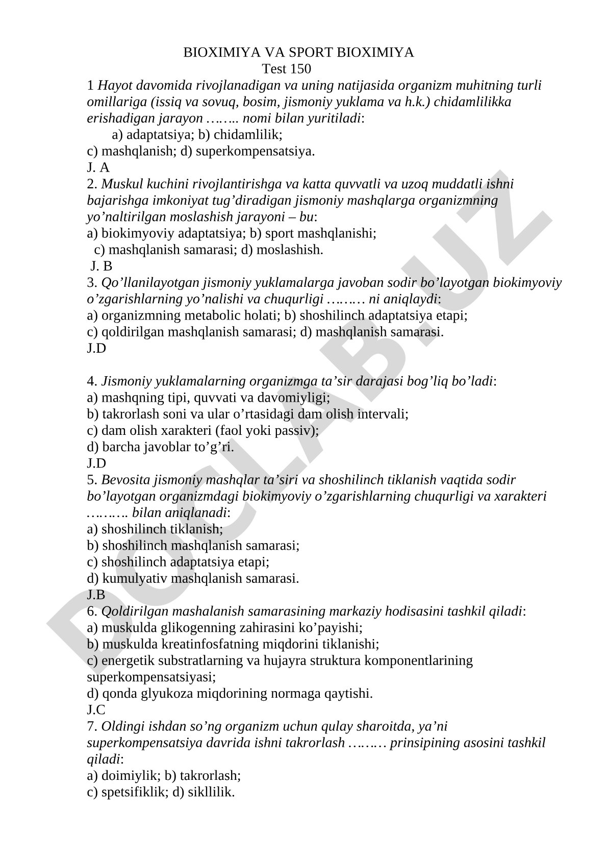 Bioximiya va sport bioximiya test 150