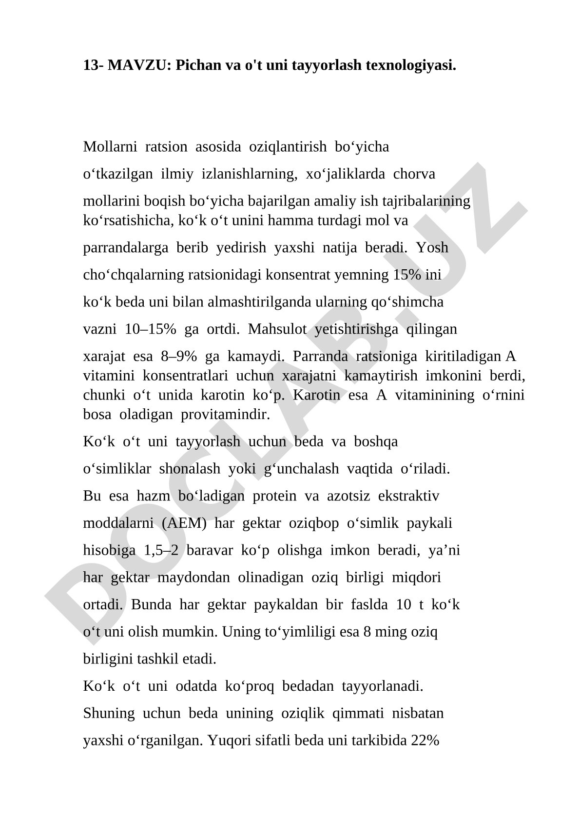 Pichan va o't uni tayyorlash teхnologiyasi