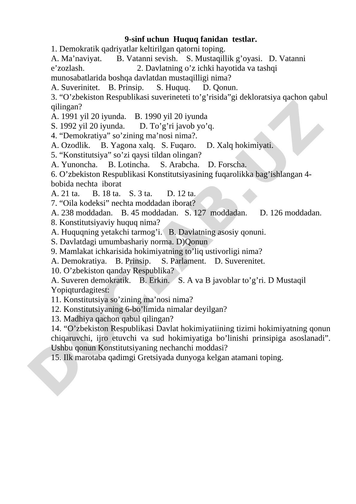 9-sinf Huquq fanidan testlar