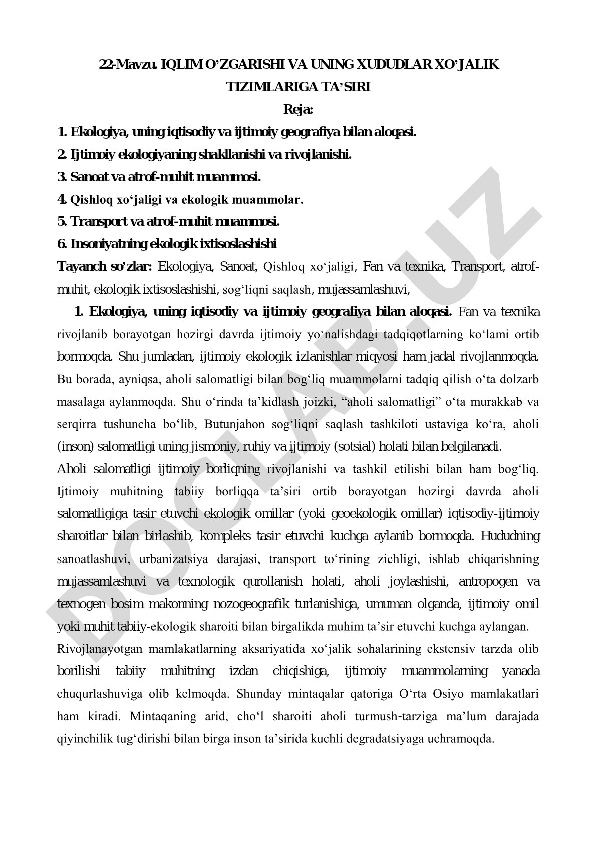 Iqlim o’zgarishi va uning hududlar xo’jalik tizimlariga ta’siri