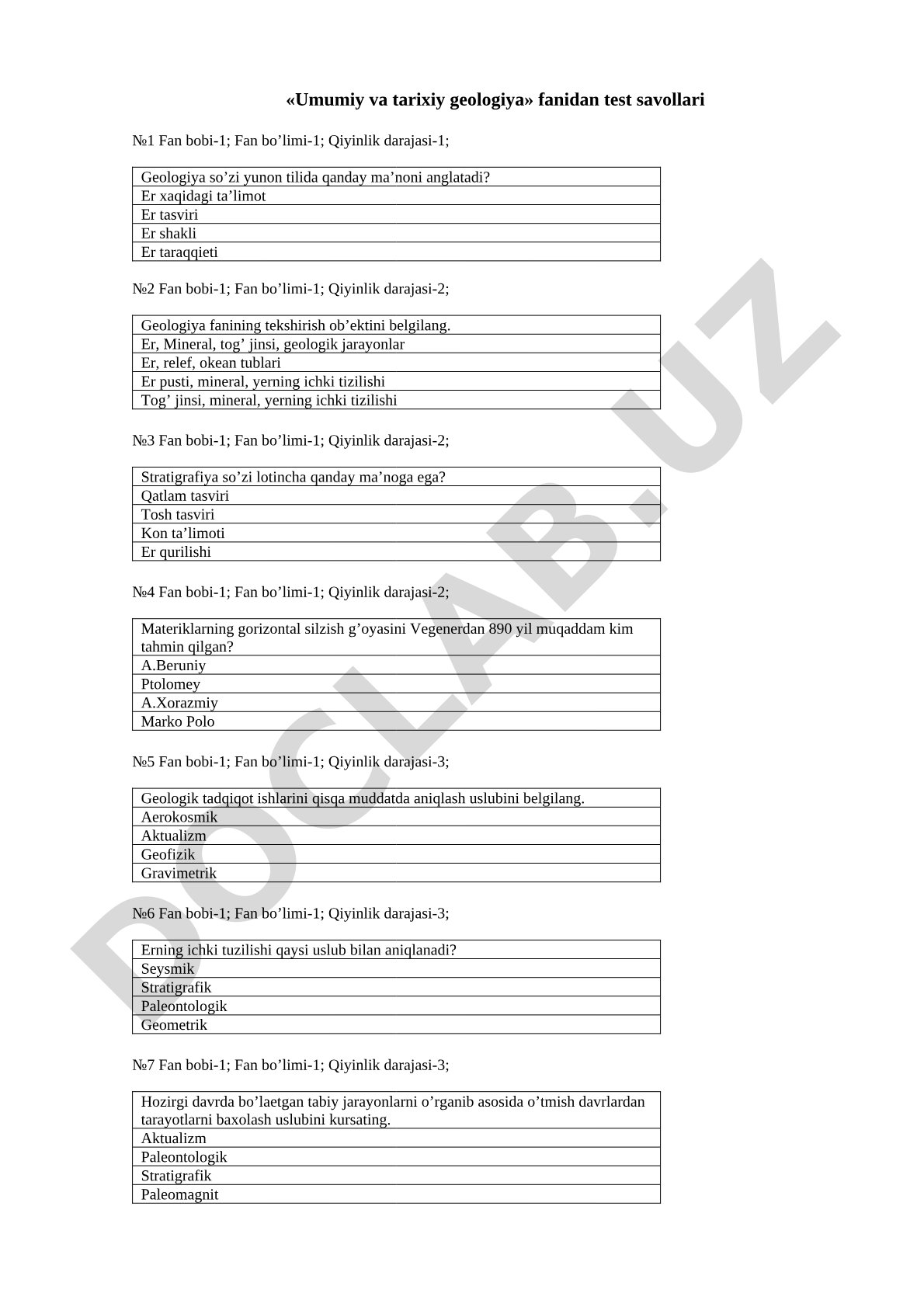 Umumiy va tarixiy geologiya fanidan test savollari
