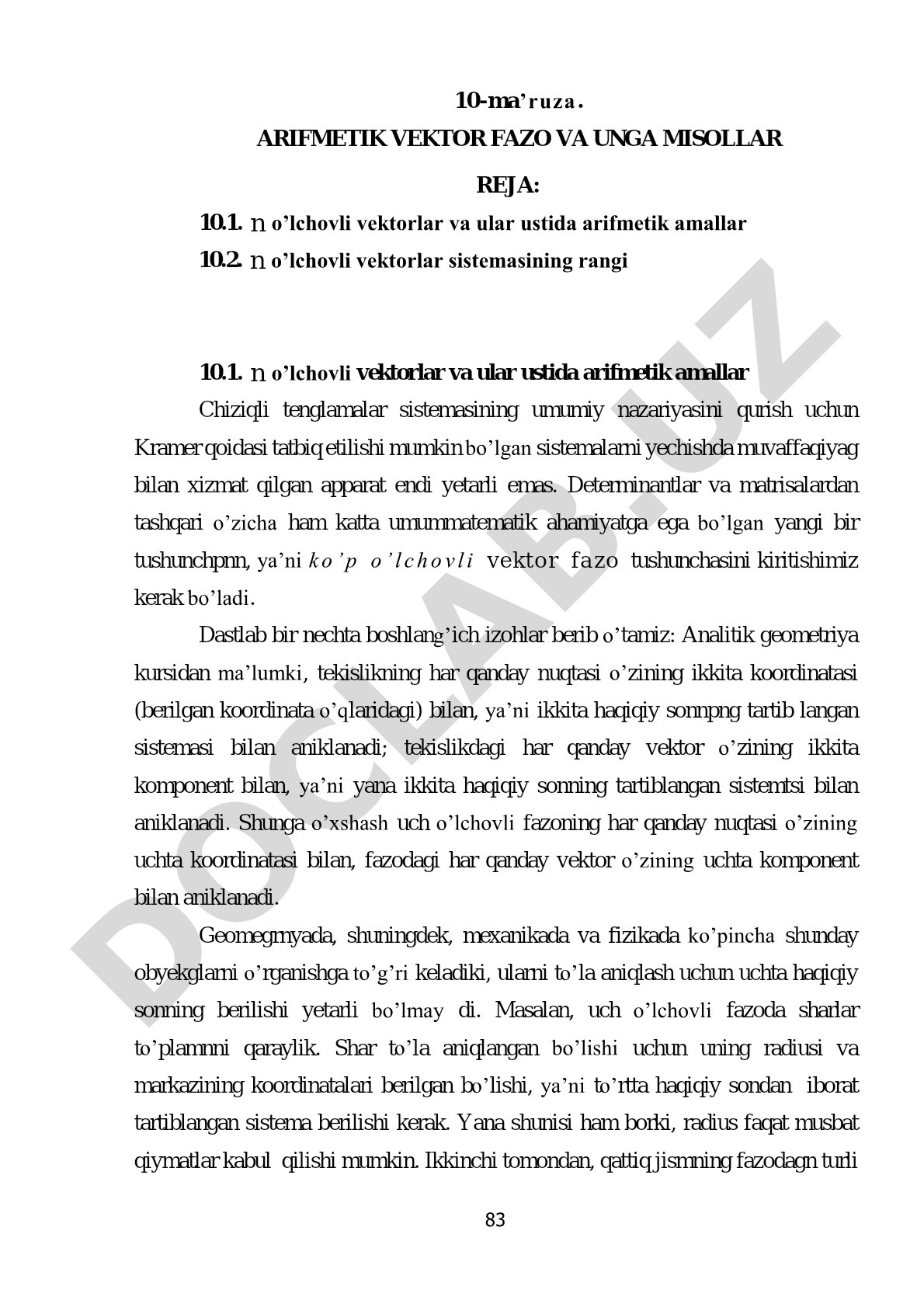 Arifmetik vektor fazo va unga misollar