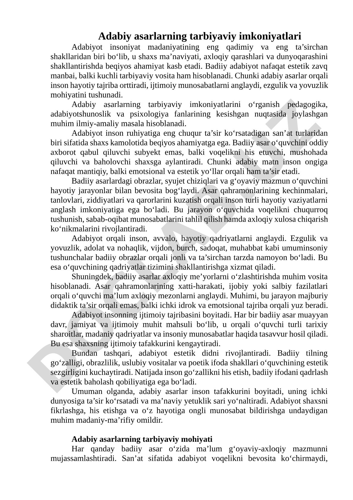 Adabiy asarlarning tarbiyaviy imkoniyatlari