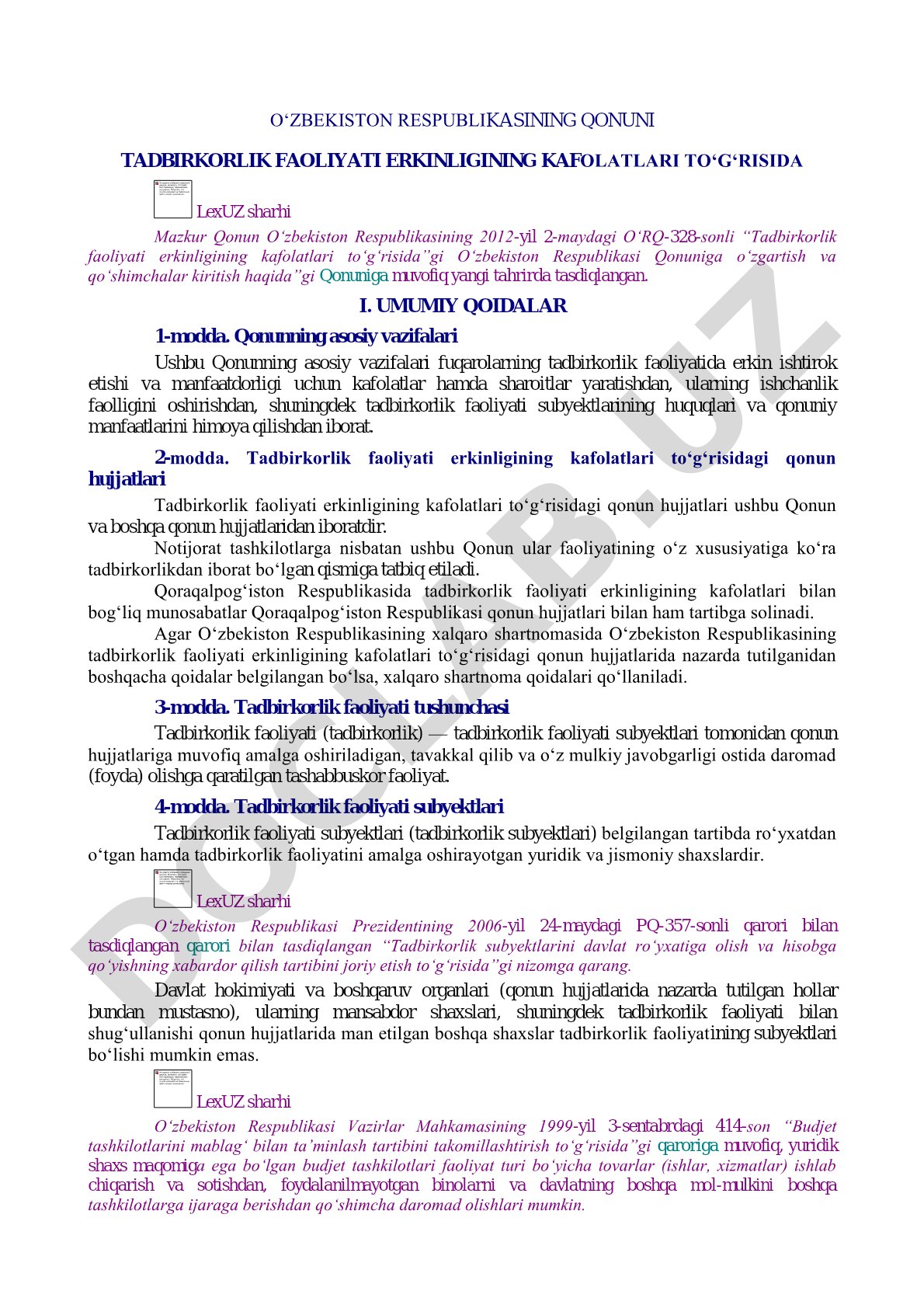 Tadbirkorlik faoliyati erkinligining kafolatlari to'g'risida