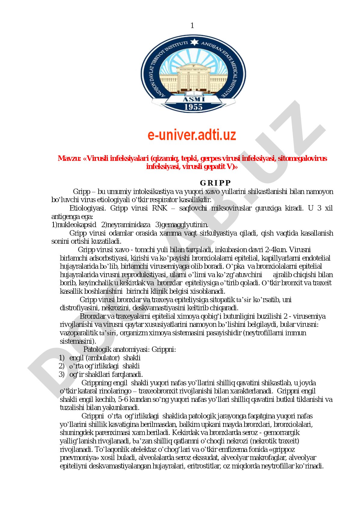 Virusli infeksiyalari (qizamiq, tepki, gerpes virusi infeksiyasi, sitomegalovirus infeksiyasi, virusli gepatit V)
