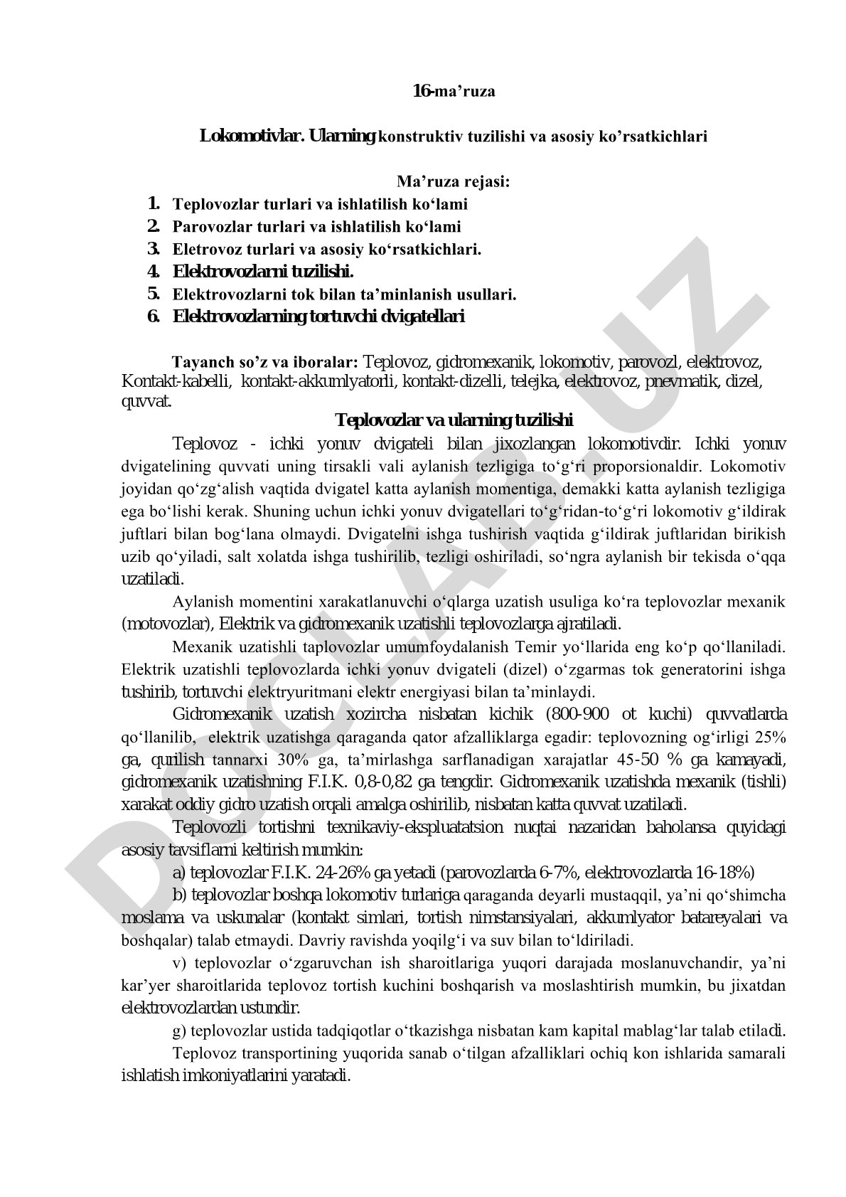 Lokomotivlar. Ularning konstruktiv tuzilishi va asosiy ko’rsatkichlari