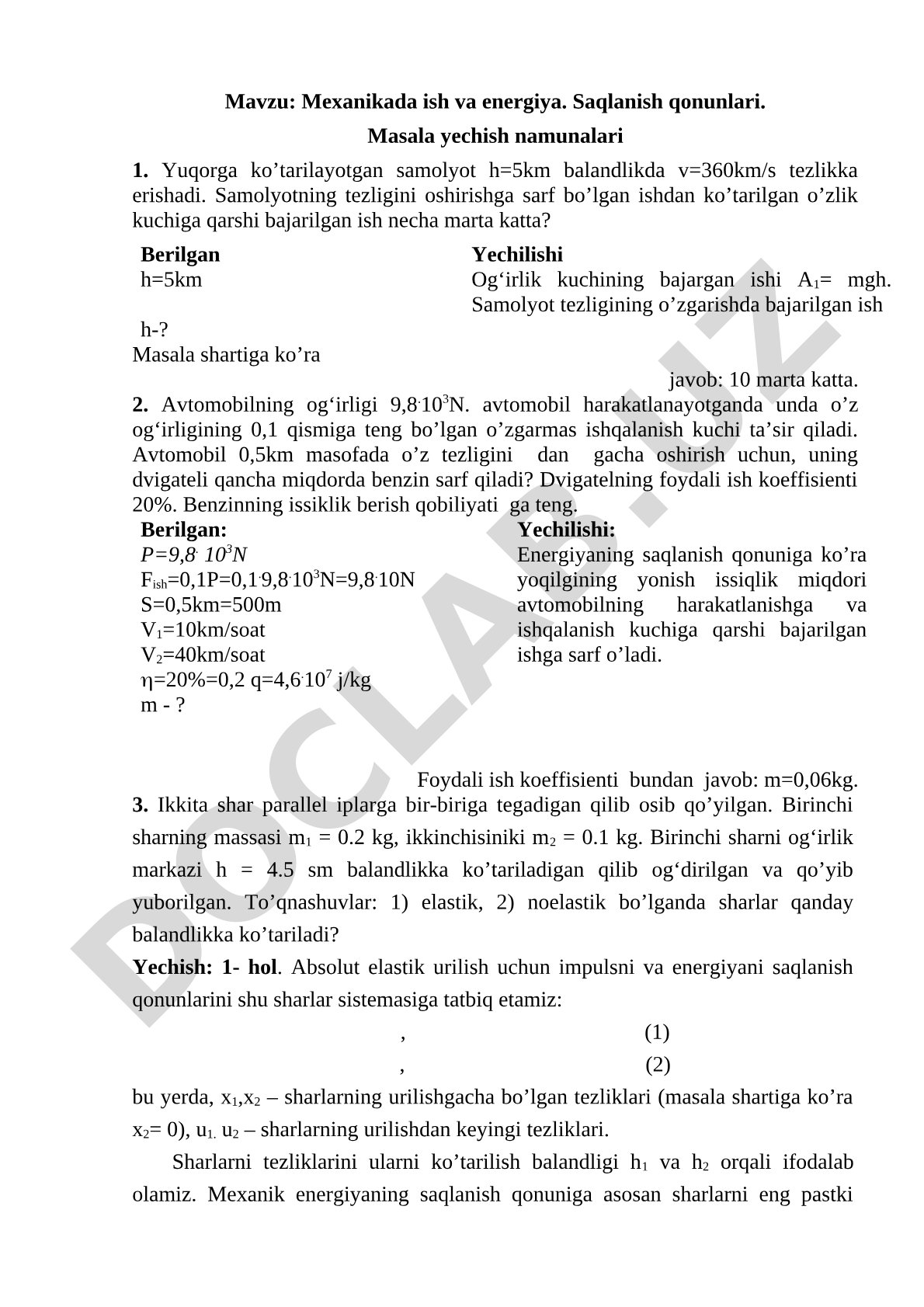 Mexanikada ish va energiya. Saqlanish qonunlari. Masala yechish namunalari