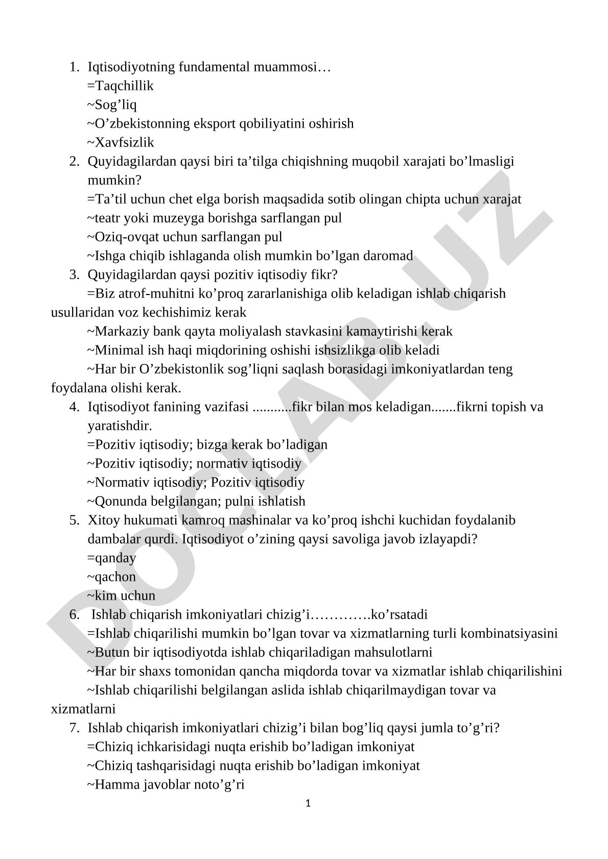 Iqtisodiyot asoslari bo'yicha test savollari
