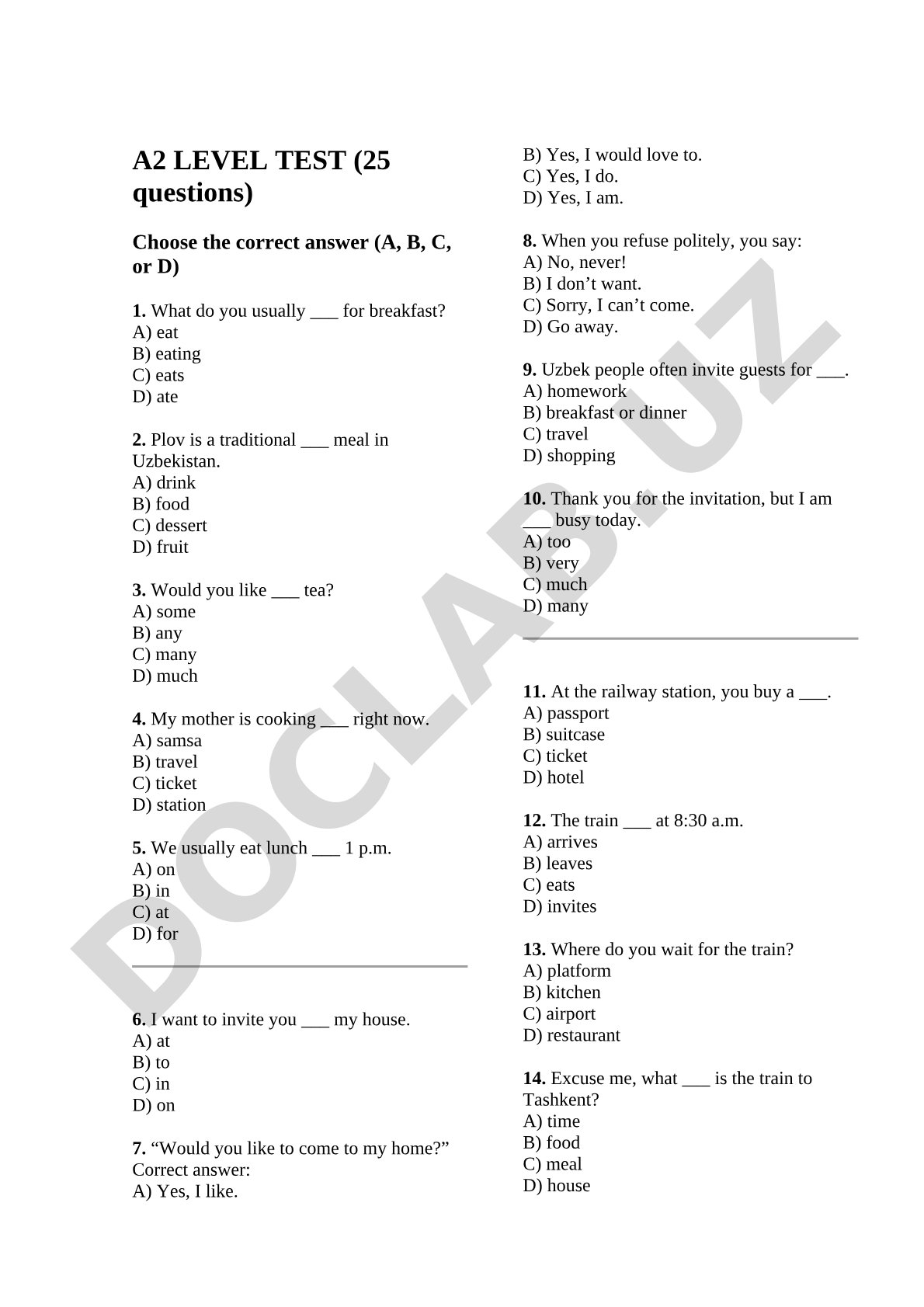 A2 Level English Test on Food, Invitations, and Travel