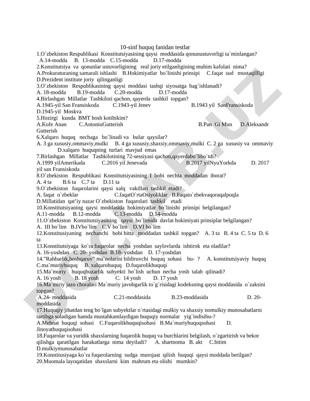 10-sinf huquq fanidan testlar