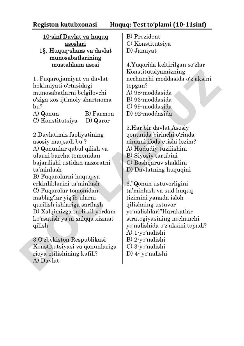 Huquq: Test to'plami (10-11sinf)