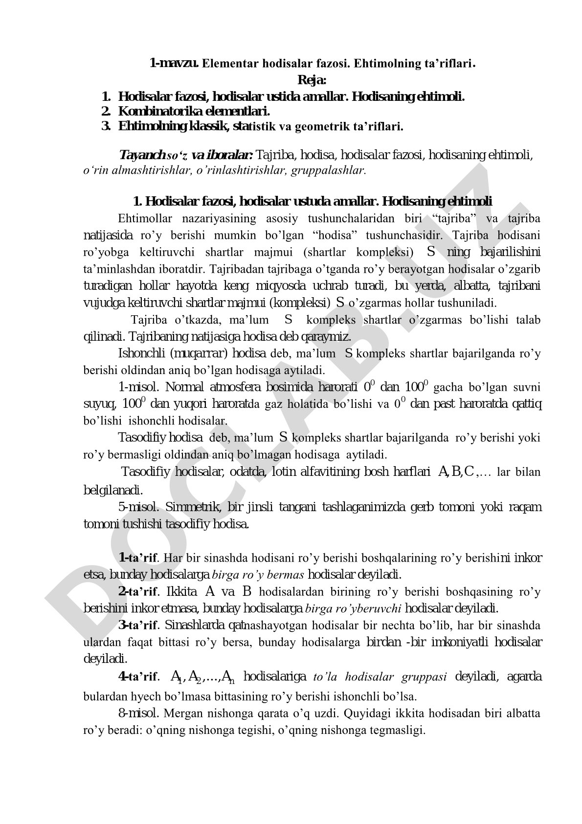 Elementar hodisalar fazosi. Ehtimolning ta’riflari