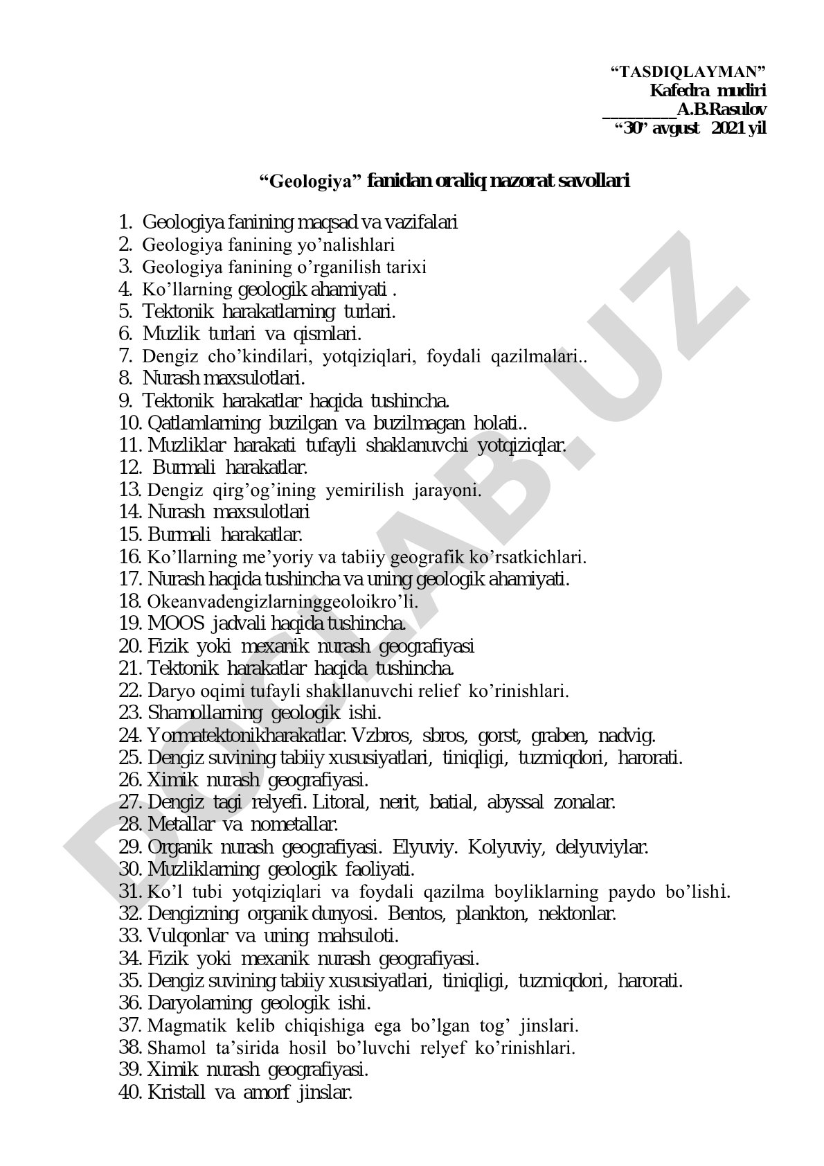Geologiya fanidan oraliq nazorat savollari