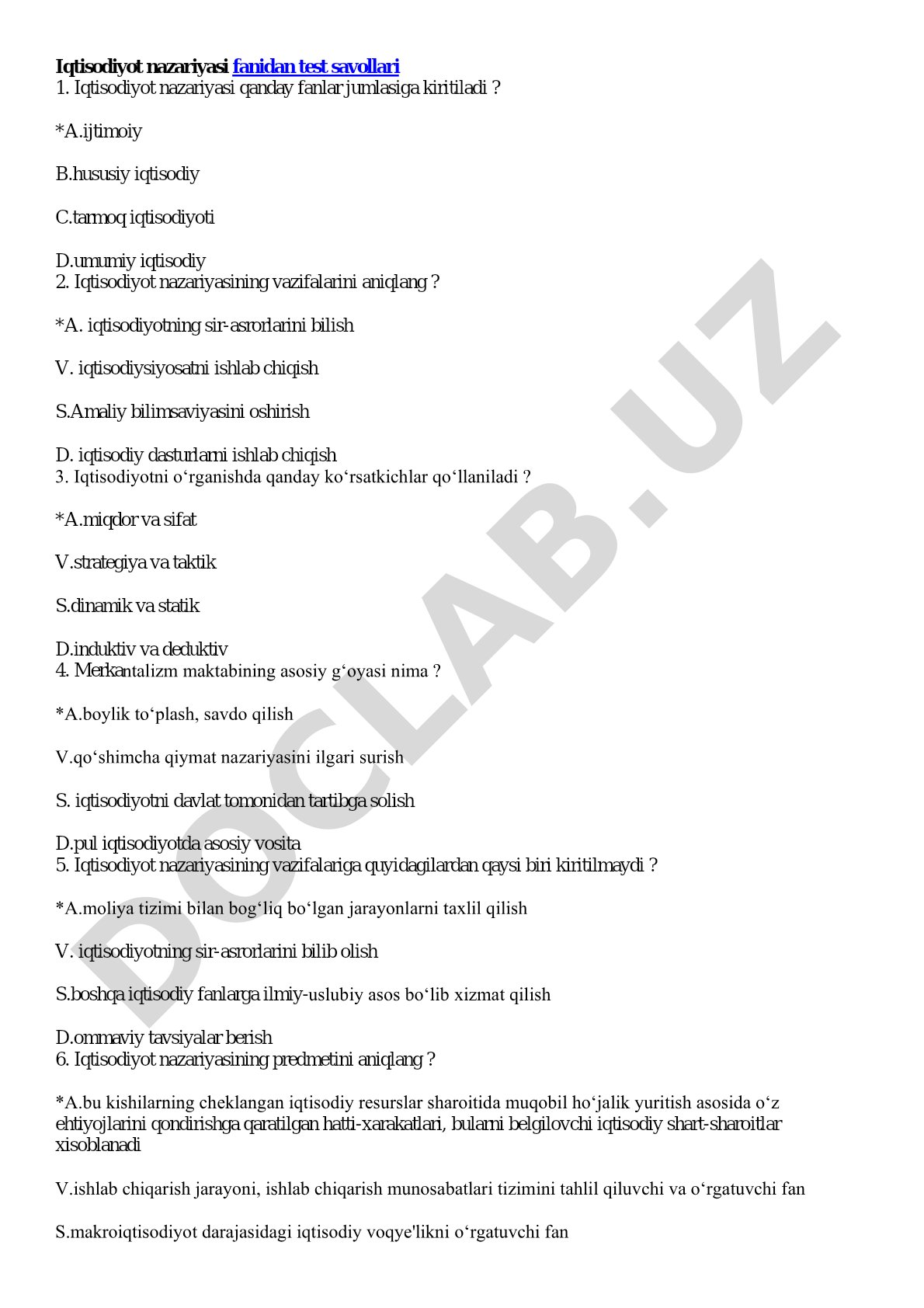 Iqtisodiyot nazariyasi fanidan test savollari