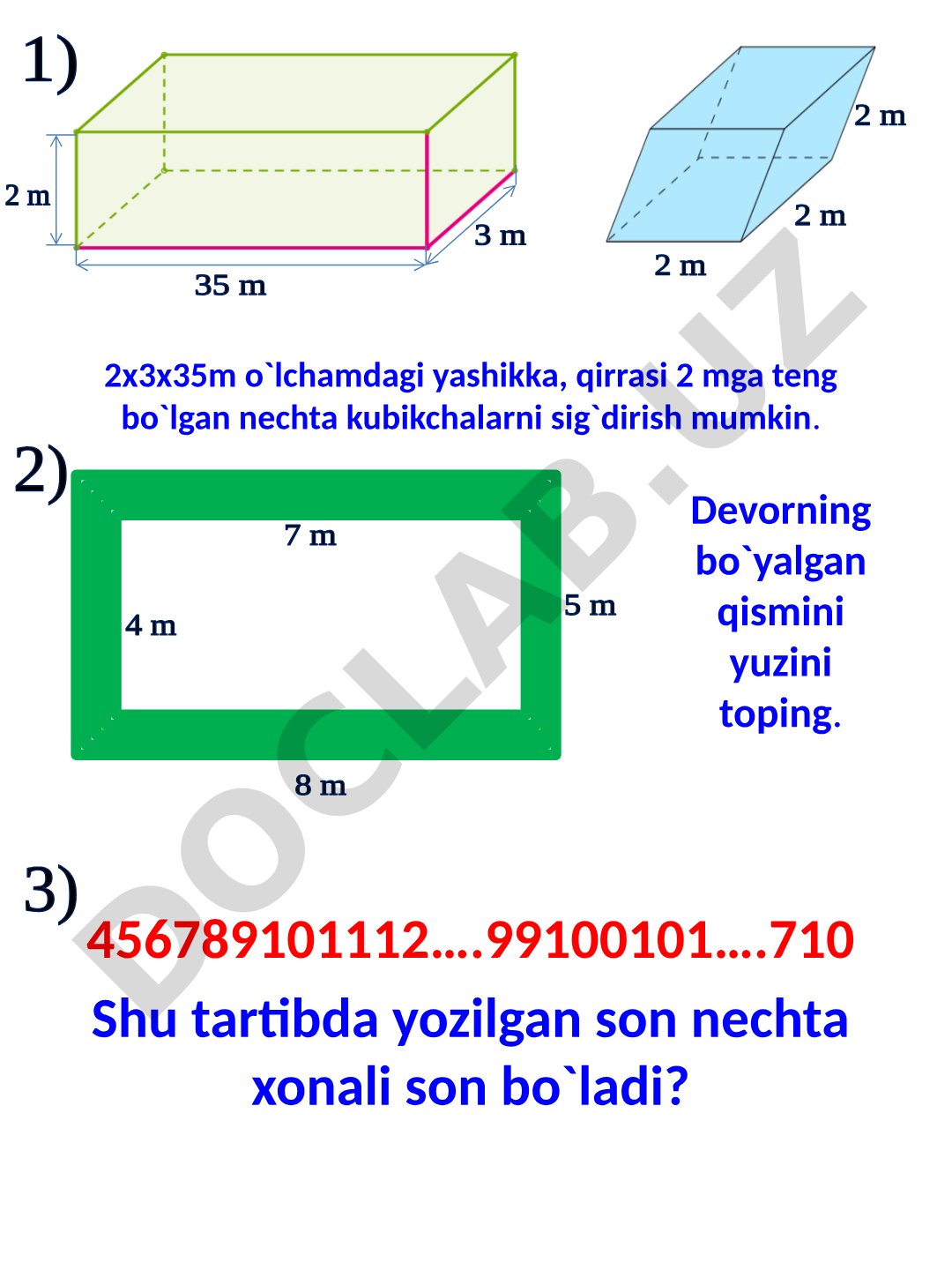 Hajm, yuz, tengsizlik, raqamlar ketma-ketligi va masalalarga oid matematik topshiriqlar