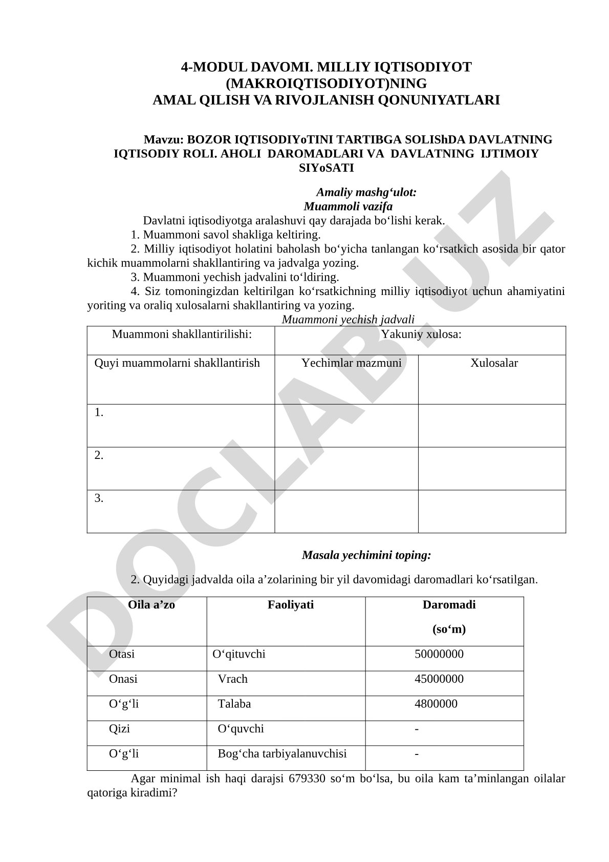 Bozor iqtisodiyotini tartibga solishda davlatning iqtisodiy roli. Aholi daromadlari va davlatning ijtimoiy siyosati