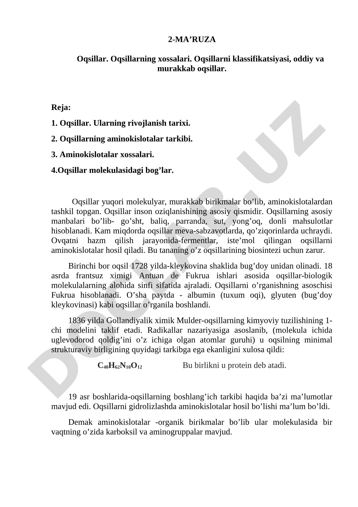 Oqsillarning xossalari, klassifikatsiyasi, oddiy va murakkab oqsillar