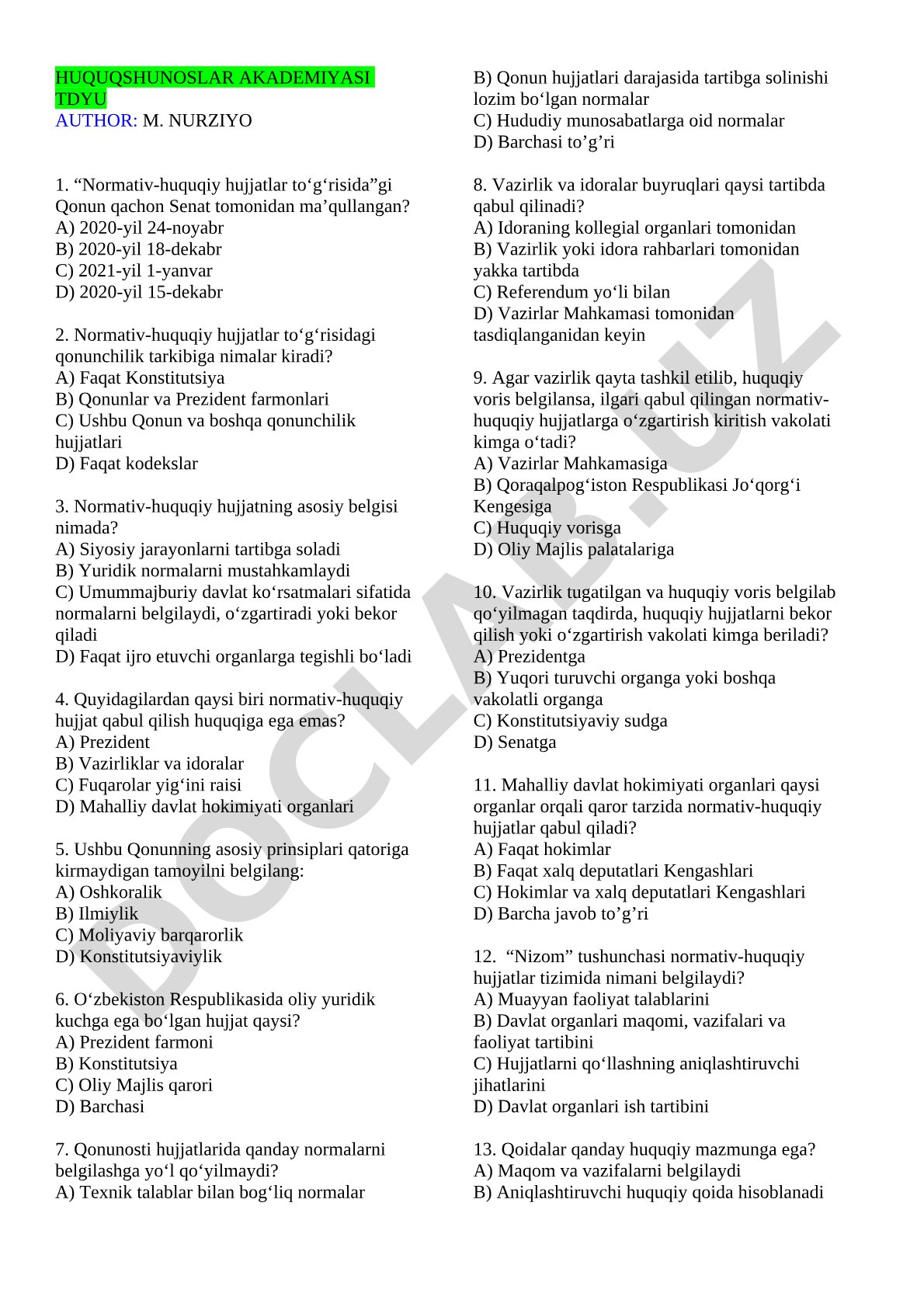 Normativ-huquqiy hujjatlar to'g'risidagi qonun test savollari