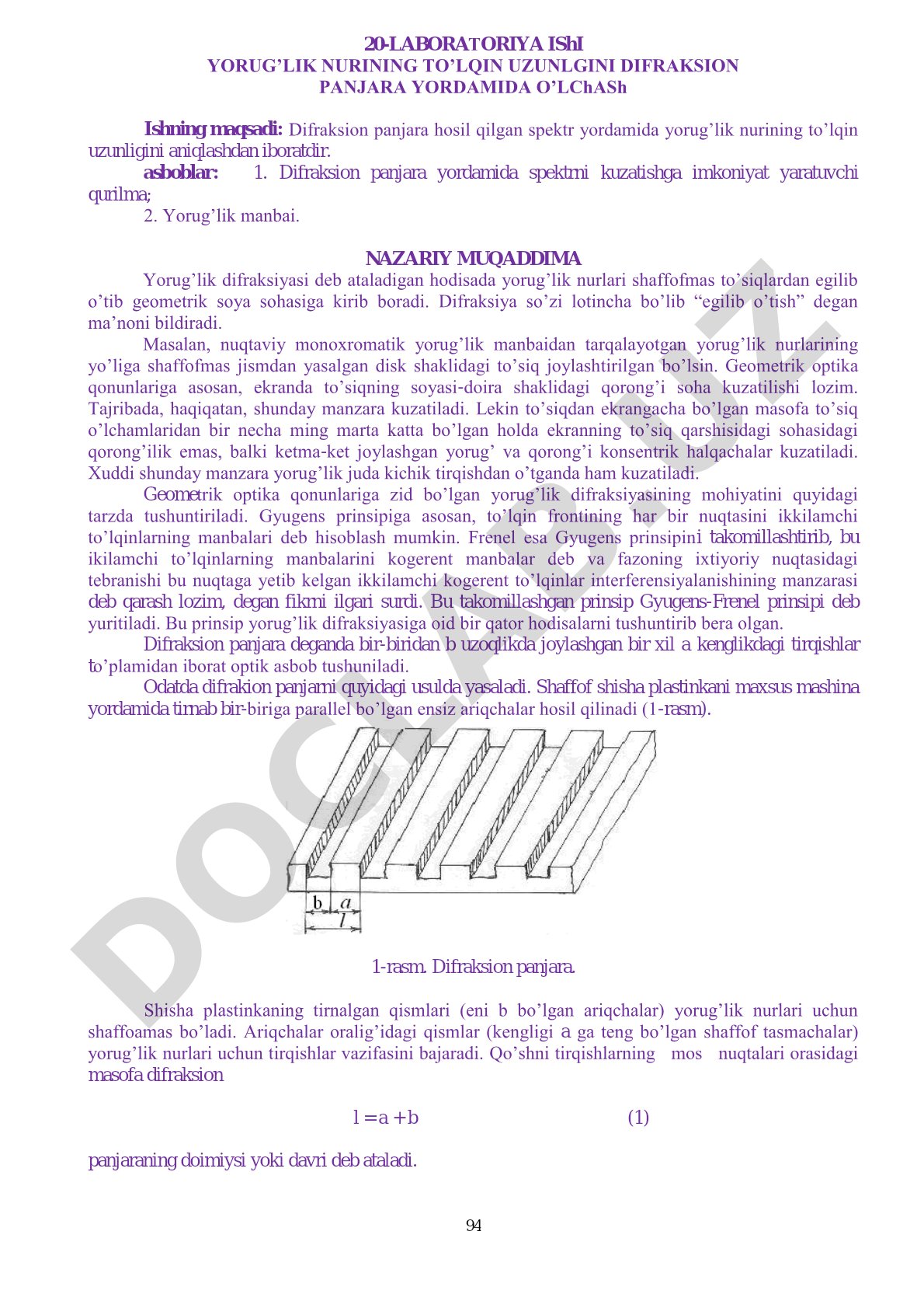 20-laboratoriya ishi yorug'lik nurining to'lqin uzunligini difraksion panjara yordamida o'lchash