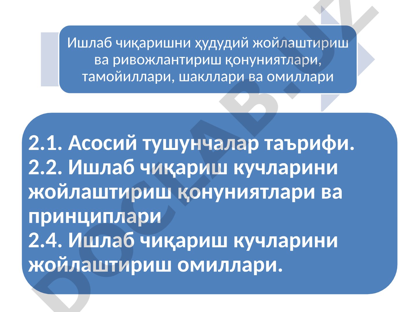 Ишлаб чиқаришни ҳудудий жойлаштириш ва ривожлантириш қонуниятлари, тамойиллари, шакллари ва омиллари