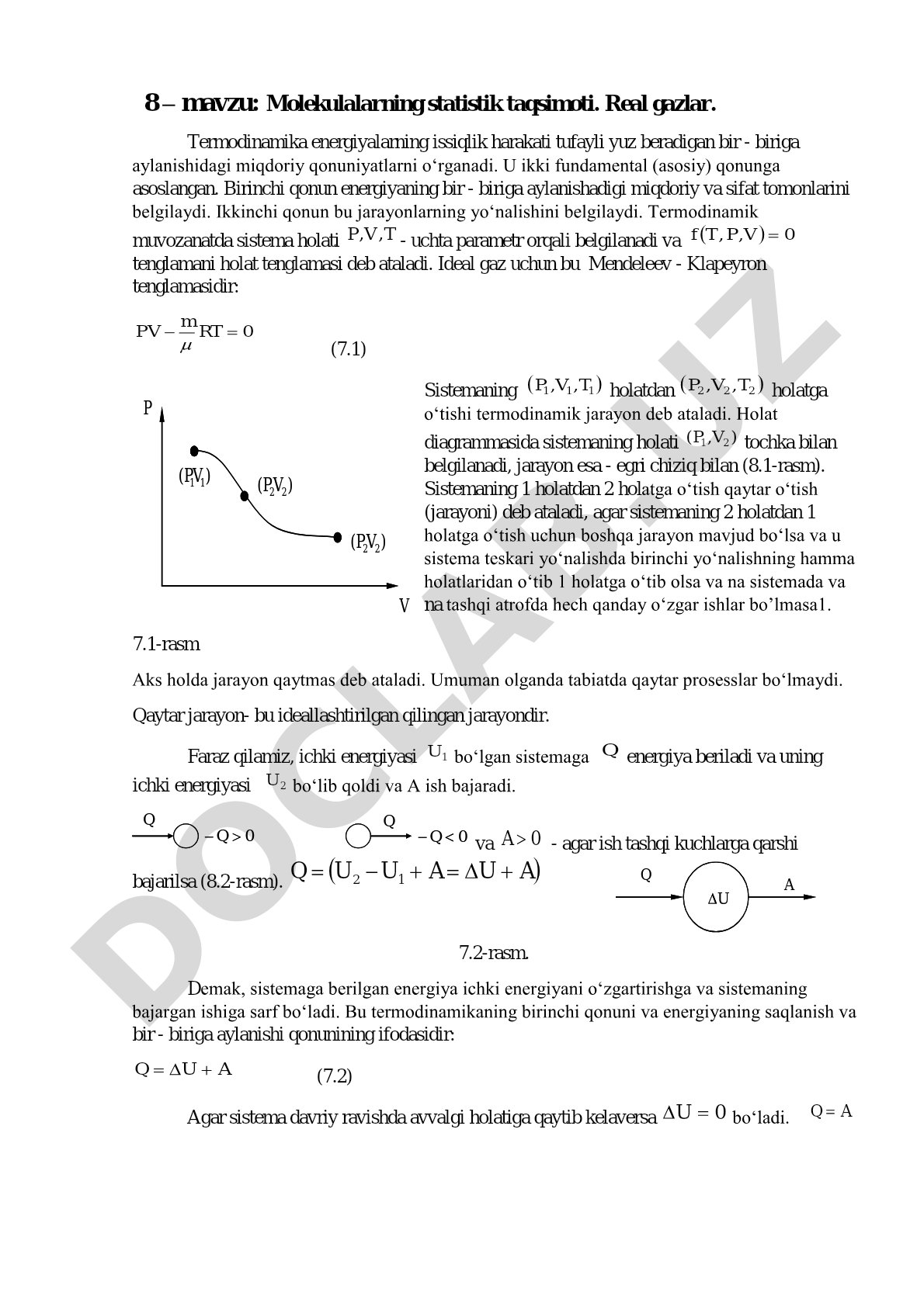 Molekulalarning statistik taqsimoti. Real gazlar. Termodinamika