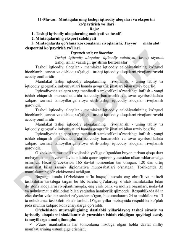 Mintaqalarning tashqi iqtisodiy aloqalari va eksportni ko’paytirish yo’llari