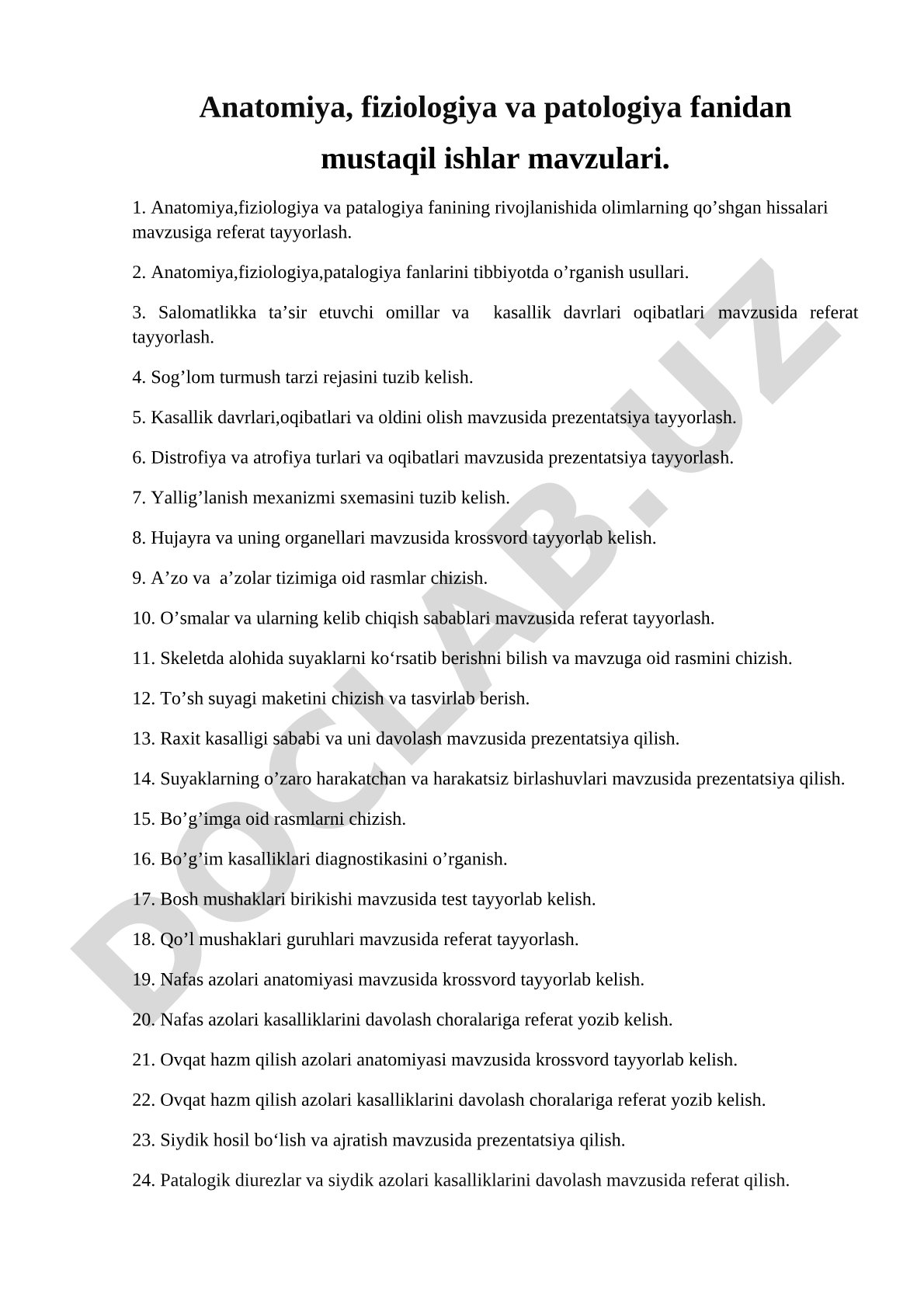 Anatomiya, fiziologiya va patologiya fanidan mustaqil ishlar mavzulari