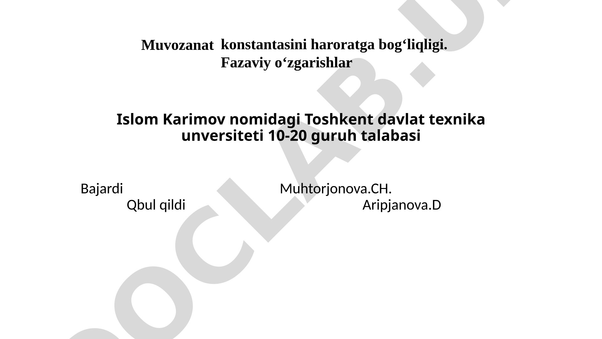 Muvozanat konstantasini haroratga bog‘liqligi