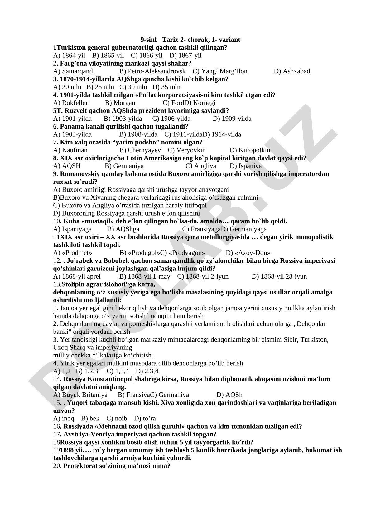 9-sinf Tarix 2-chorak 1-variant